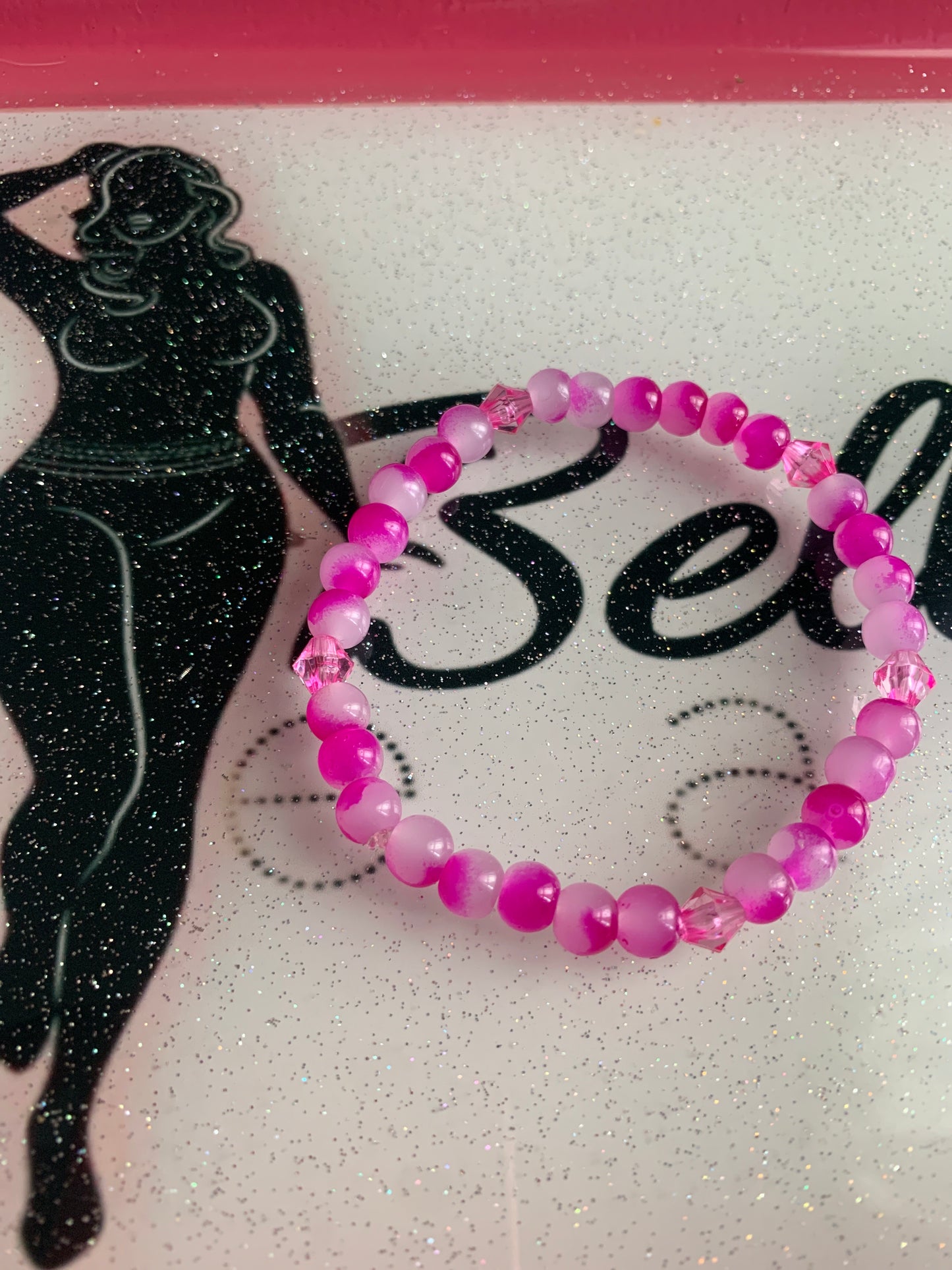 Pink And Clear Distressed Glass Beaded Bracelet!
